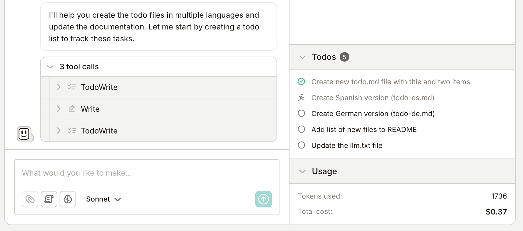 Simple TODOs example, with one item done, one running and three to go