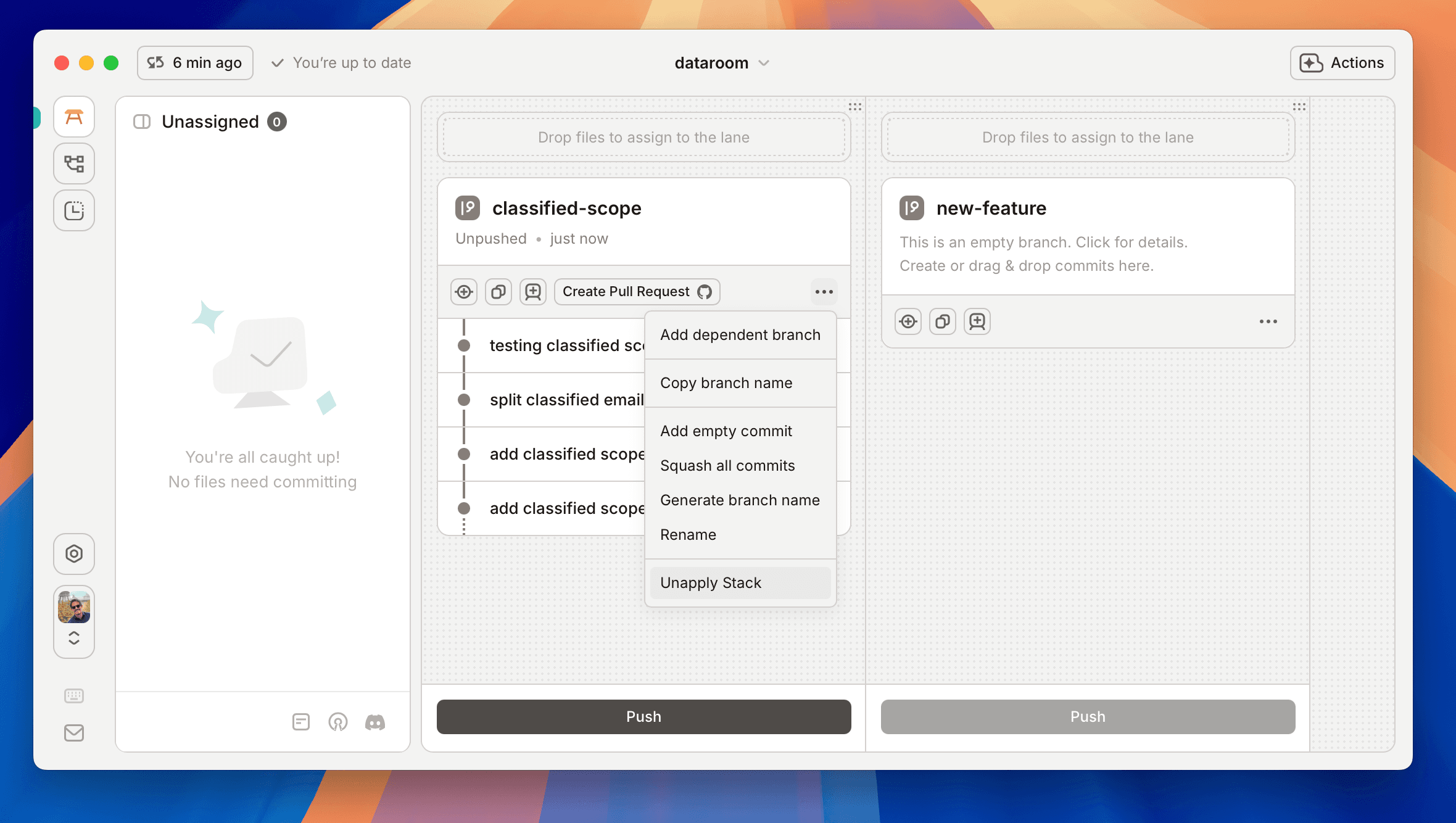 Unapply a branch to remove those changes from your working directory and save the work